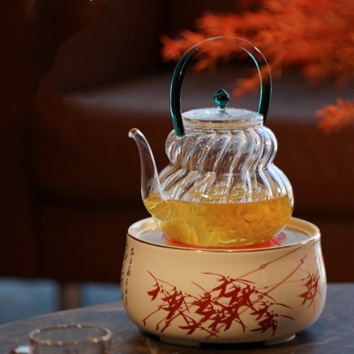 莺歌烧新品粉彩朱竹图电陶炉家用陶瓷不挑壶静音无线遥控煮茶器