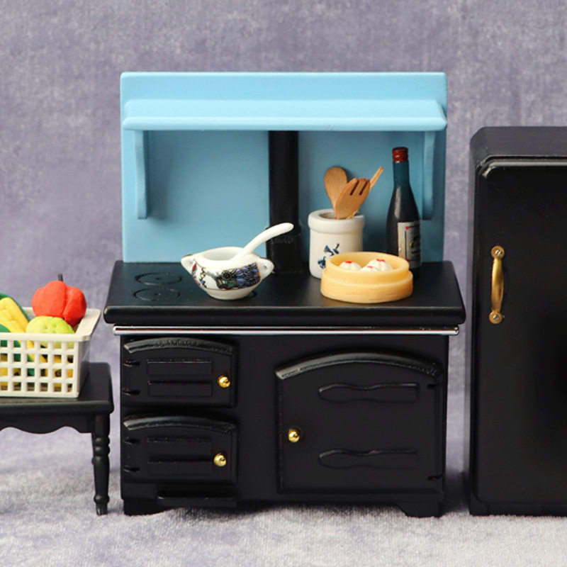1:12娃娃屋dollhouse迷你家具厨房微场景模型老式复古黑色灶台