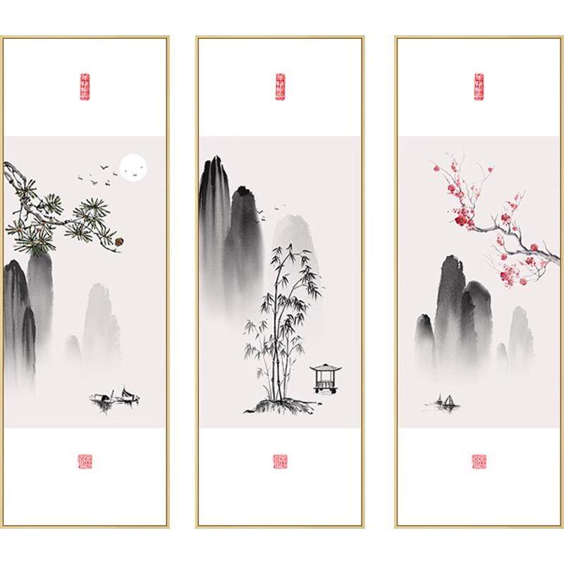 岁寒三友挂画新中式客厅三联装饰画禅意茶室背景墙壁画迎客松竹梅