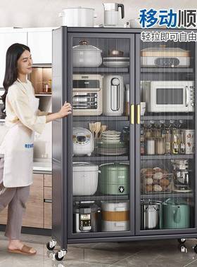 厨房置物架对开门碗餐边柜橱柜储物柜落地多层家用微波炉收纳柜子