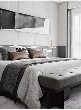 样板房床上用品简约咖色皮腰枕灰色搭巾高端软装多件套新中式床品