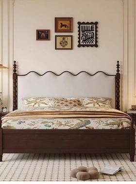 法式复古实木床中古风1.8米双人床1.5m主卧大床美式波浪软包婚床