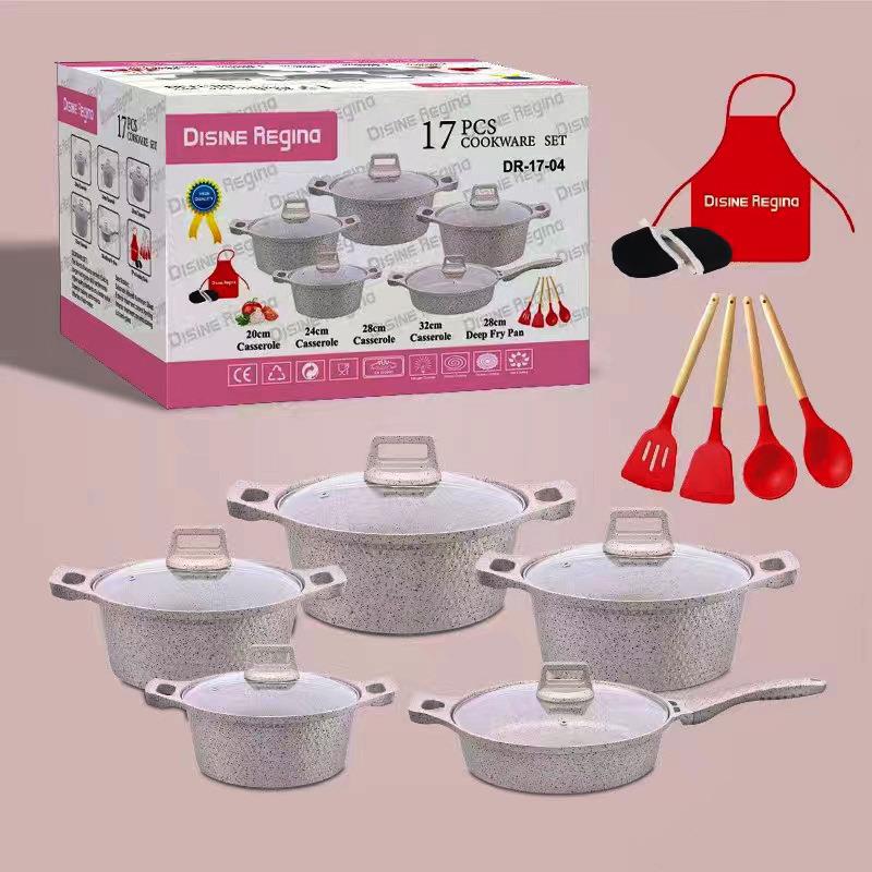厨房用品17pcs不粘锅套装铝制大理石锅汤锅组合套装麦饭石烹饪锅