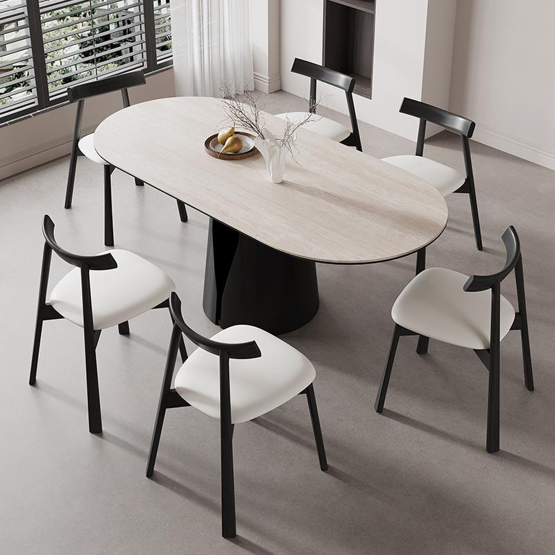 复古小户型岩板餐桌椅组合法式长方形洞石岩板饭桌中古风家用餐桌