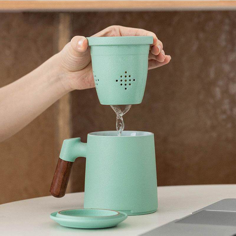 陶瓷马克杯带盖过滤茶杯简约茶水分离杯办公室泡茶杯子加印Logo