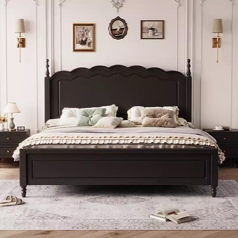 法式复古主卧实木床现代简约双人床黑色小户型储物静音床1.5M婚床
