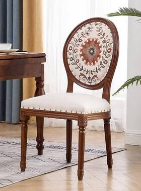 原木美式椅复古橡木家用北欧高档餐椅西餐布艺雕花靠背休闲大椅子