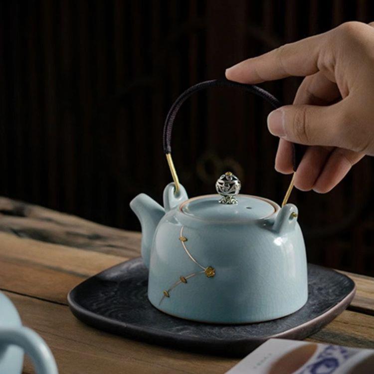 汝窑提梁茶壶手工锔钉泡茶壶李辉熠复古汝瓷中式陶瓷盖碗西施壶