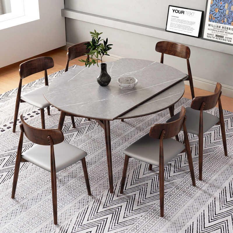 北欧实木餐桌家用可伸缩折叠岩板餐桌椅组合轻奢现代简约可变圆桌