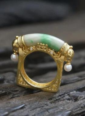 复古清代钰石弯条凤首卷草珍珠方圆镀金戒独特指轻奢高级感食指戒