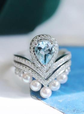 镶钻海蓝宝珍珠戒指女叠戴约瑟芬套戒爱加冕开口食指戒气质百搭款