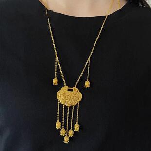 黄金色项链女铃兰花枝锁吊坠套链古法高颜值时尚百搭平安锁首饰