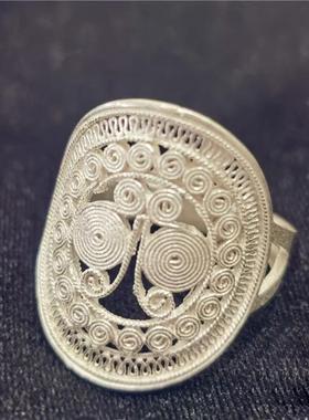 凉山彝族戒指银色蝴蝶花纹复古民族风手工艺开口可调节指环新娘款