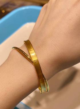 黄金色双环手镯梦中女孩镜面手环个性小众设计高级感送女友饰品