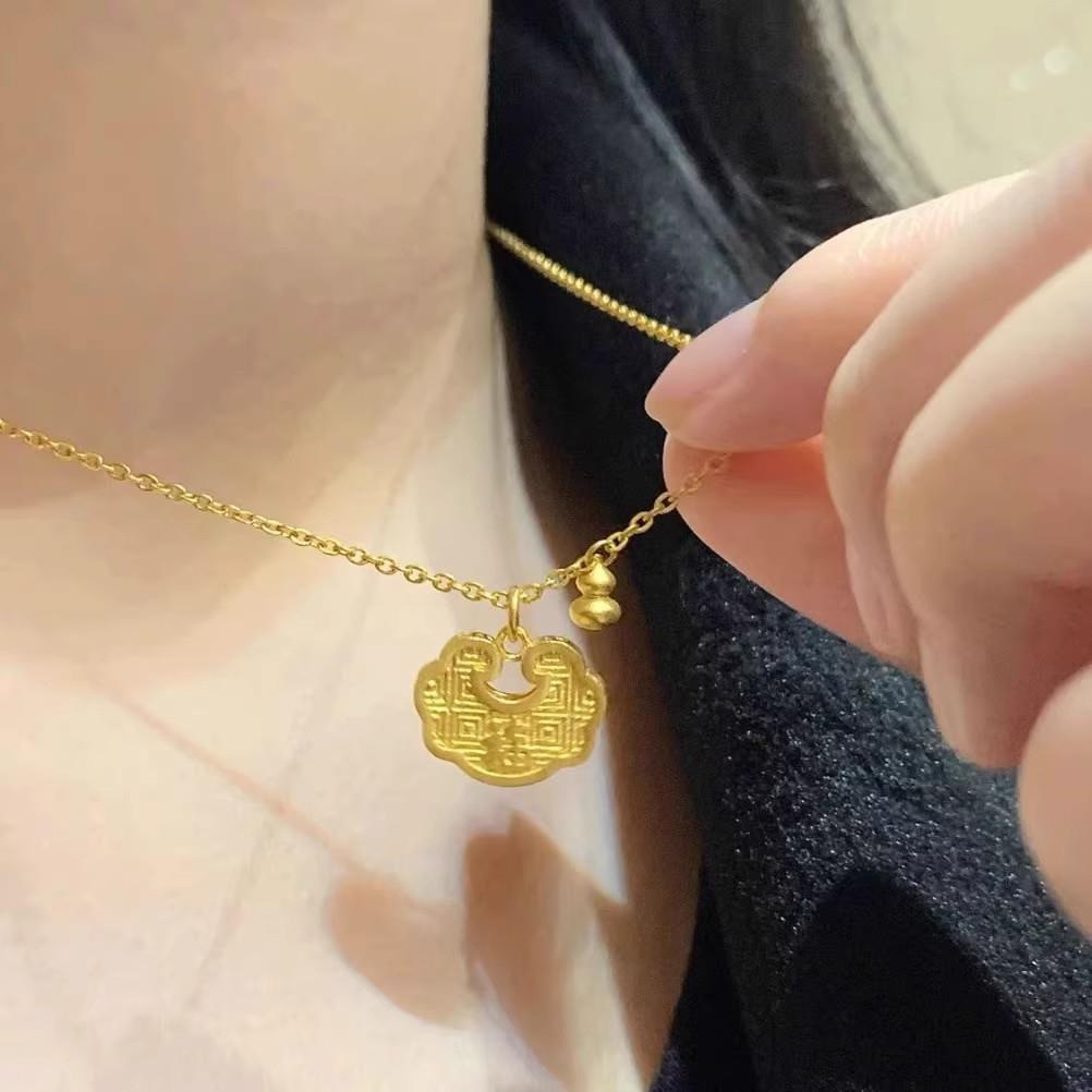古法经典如意福字锁包黄金色项链套链一体小众平安锁吊坠送女友