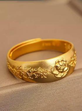 古法黄金色牡丹花戒指活口小众设计复古宫廷手饰百搭雕刻福字饰品