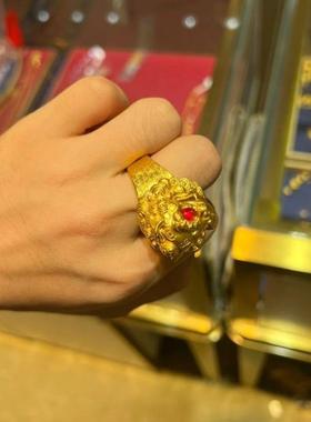 青狮将戒指男士红晶狴犴龙头戒指复古镀金国潮霸气神兽卷草纹戒指
