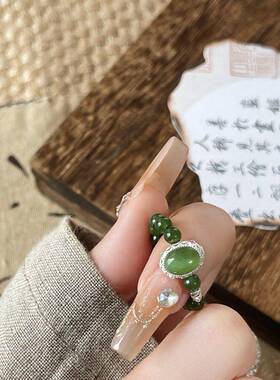 新中式复古民族风和田碧钰弹力镶嵌椭圆锆石戒指时尚气质百搭指环