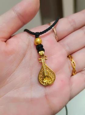 古法金色莲花琵琶镶钻吊坠项链复古新中式轻奢高级感气质百搭套链