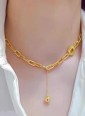 轻奢金色有球必应锁骨项链女款时尚轻奢仿真金转运珠金球链条扣女
