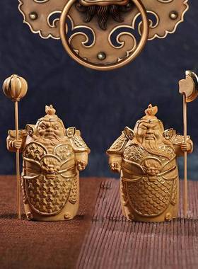 黄杨木雕哼哈二将门神摆件木质中式家居客厅Z宅装饰桌面神像