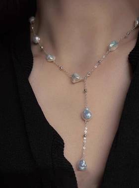 高级极光炫彩异形仿珍珠满天星项链锁骨链百搭毛衣链精品饰品