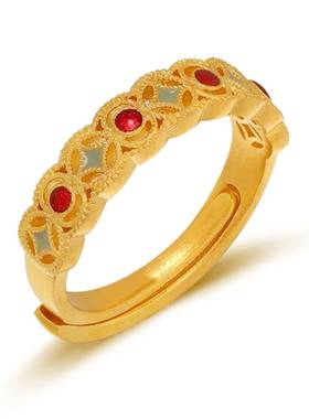 古法黄金色仿珐琅彩戒指铜钱纹活口精致小众设计高级感女戒送女友