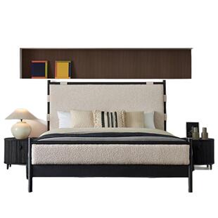 北欧雪酥实木床主卧室法式简约1.8米橡木双人高脚高屏靠背布艺床