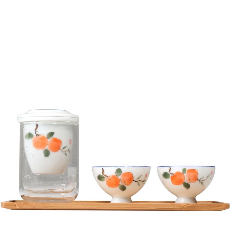 绘柿子瓷红茶泡耐热玻手璃泡茶器内陶胆过茶具茶滤茶壶冲器