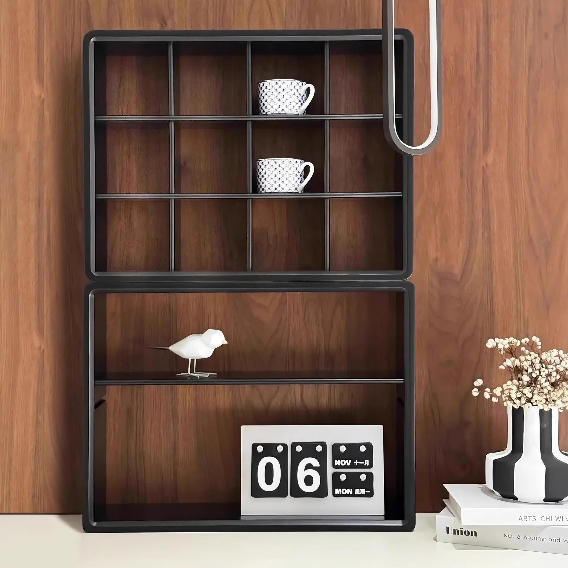 咖啡杯收纳层架实木杯子置物架高级感轻奢茶具中古黑色桌面博古架