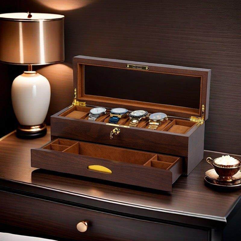 檀韵致远烤漆高级版手表盒黑胡桃6位双层首饰盒珠宝收纳盒木盒子