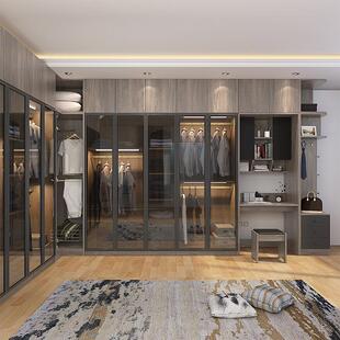 北欧玻璃门转角推拉门衣柜带梳妆台书桌一体组合卧室实木衣帽间