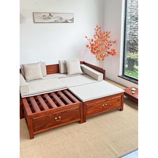 新中式可推拉实木禅意榆木推拉罗汉床榫卯结构北美黑胡桃木沙发床