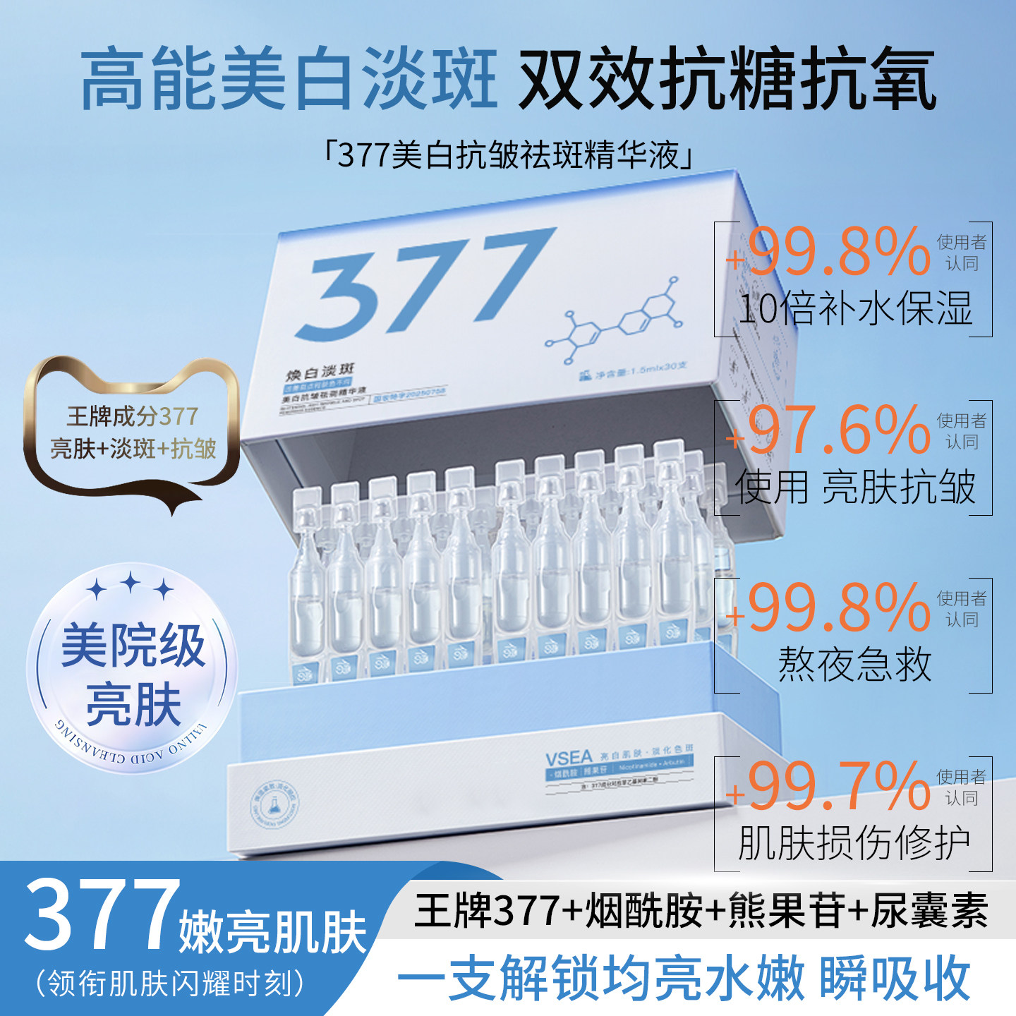 377美白精华液次抛烟酰胺VC淡斑抗氧化提亮去黄改善暗沉肤色官方