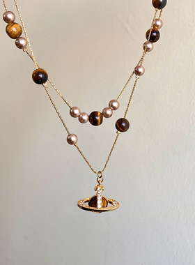 星球虎眼石珍珠双层叠戴项链女