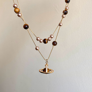 土星星球天然虎眼石珍珠双层叠戴吊坠项链女设计感秋冬复古毛衣链