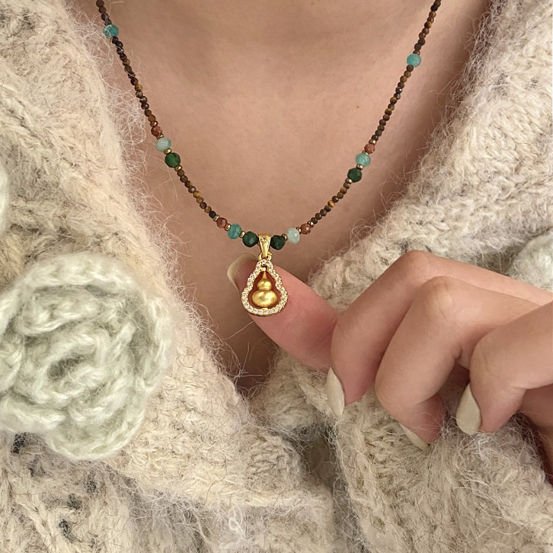 天然虎眼石沙金镂空葫芦吊坠串珠项链女复古新中式气质精致毛衣链