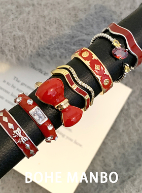 秋冬氛围感安可拉红色滴釉开口戒