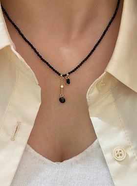 黑色水晶锆石流苏串珠项链女