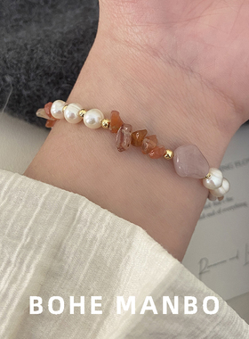 红色天然石珍珠手链女轻奢设计感