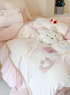 冬卡通儿加厚牛YMR奶绒四件套童珊瑚绒公主被套床上蝴蝶风结少季