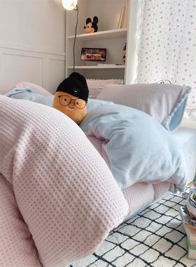 in8s秋冬季厚毛球边牛奶绒华夫格浅床蓝上四IPD件套珊瑚绒1加.5m1