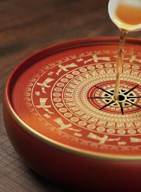 铜鼓形黄铜盘家YRH用储水式干泡盘台民族风功夫茶具托高茶端小圆