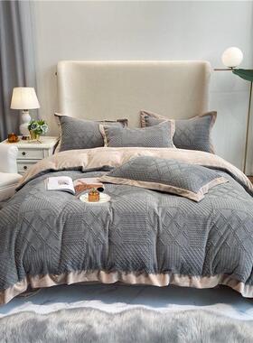 双简约贵族灰纯色GSY牛奶绒床上四件套冬季~珊瑚绒简约绒面法兰加