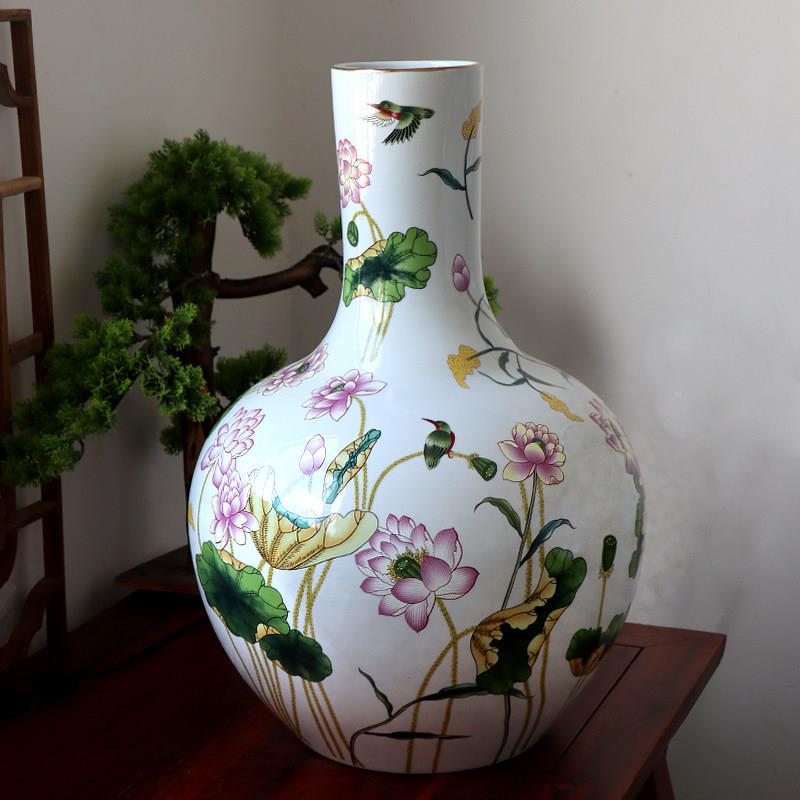 鹤景德镇中式瓷陶花瓶荷花仙彩绘客VGV厅装摆件家居工艺饰品天球