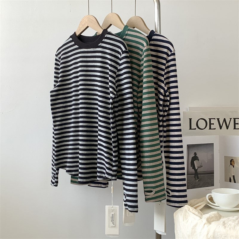 速发指母扣设蹈感衫纹袖指扣圆领长袖打底条磨毛加厚舞计服练功服