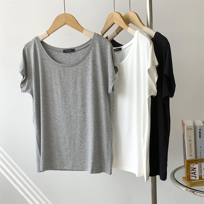 速发莫代尔圆领T恤简简单单基础款垂季薄款夏坠感凉凉上衣