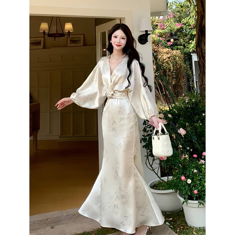 速发Good Job袖竹烟波月】新中连国风式衣裙收腰白色长【缎面长裙
