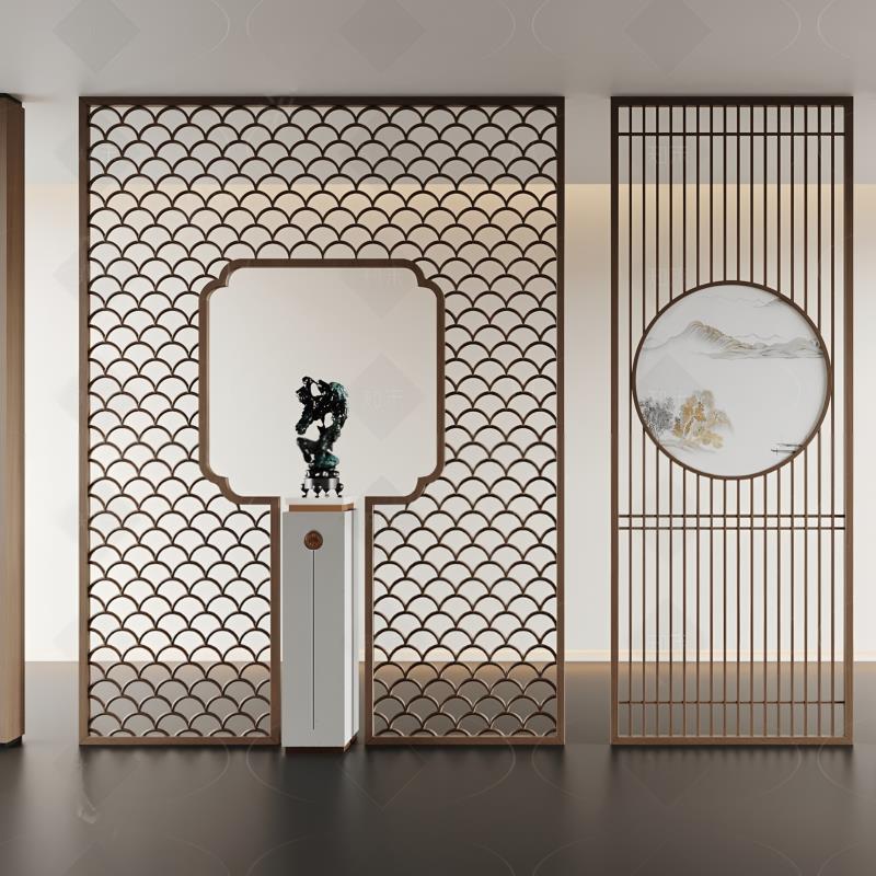 定制不锈钢屏风隔断新中式酒店餐厅会所客厅玄关雕花镂空隔断格栅