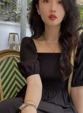 现货任小艺Lit e mode赫本风黑色长款方领连衣裙秋收腰气质裙子